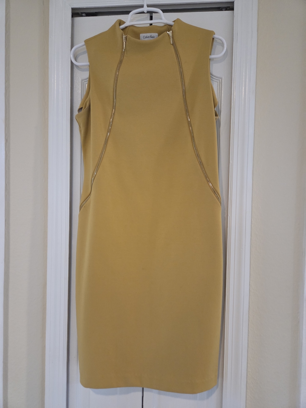 Calvin Klein Sleeveless Mustard Sheath Dress with Front Zip Detail